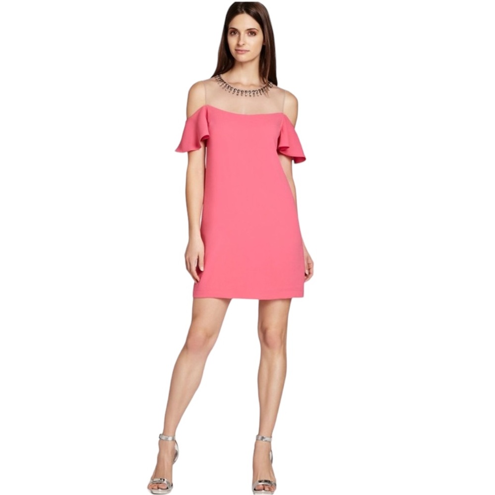 BCBGMaxAzria “Candace” Dropped Ruffle Sleeve Dress with Embellishments NWT